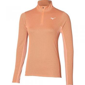 Camiseta de running Mizuno DryAeroFlow LS HZ mujer rosa melocotón, manga larga, media cremallera, tecnología DryAeroFlow, talla XS