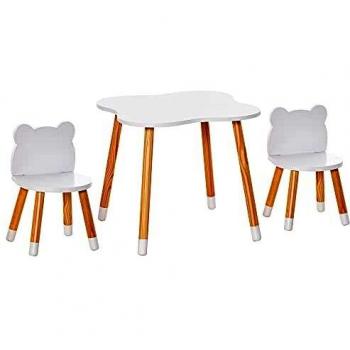 HOMCOM Conjunto Infantil de Mesa y 2 Sillas de Madera Muebles Infantiles para Sala de Juegos Dormitorio de Niños Mesa 56x56x50 cm y Sillas 28x25x46 cm Color Blanco