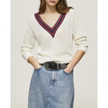 Jersey Mujer Pepe Jeans Taytum - Alta Calidad, Jersey de mujer con cuello pico y detalles de rayas