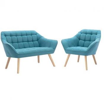 Sofá de 2 plazas y sillón de tela azul Caserta