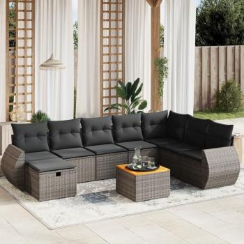 9-Piece Grey Poly Rattan Garden Sofa Set with Cushions