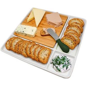 Plato de Snacks de Porcelana Nerthus con Tabla de Bambú FIH 336, Blanco, 19.6x19.6x3.6 cm