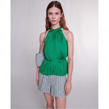 Maje Women's Green Pleated Satin Top - Size Medium