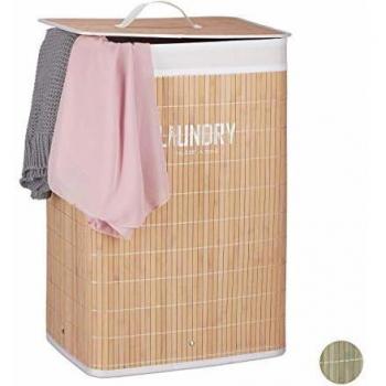Cesto de Ropa Sucia Plegable de Bambú con Tapa y Escritura Laundry, 60 litros, Dimensiones: 60x40x30 cm, Color Beige - Relaxdays