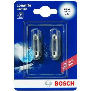 Bombilla del panel de instrumentos BOSCH C5W Longlife Daytime 12V/5W, 2 Piezas, Lámparas para vehículos, SV8.5-8, 35 mm