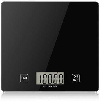 Báscula de Cocina Digital de Alta Precisión 10 kg/22 lbs,Escala Electrónica de Peso de Cocina,Smart Balanza de Alimentos Multifuncional con Gran Pantalla LCD, Función de Tara,Baterías Incluidas
