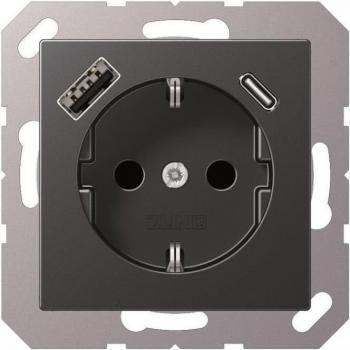 JUNG Schuko Socket Outlet with USB Type A and C, Anthracite Matte Finish