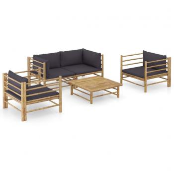 5-Piece Dark Grey Bamboo Garden Lounge Set with Cushions