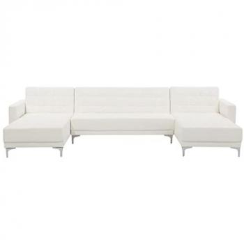 Sofá Cama Modular en U de 5 Plazas con Chaise Longue de Piel Sintética Blanca Tufted