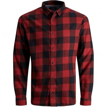 Jack & Jones Men's Long Sleeve Gingham Twill Shirt - Brick Red, Slim Fit