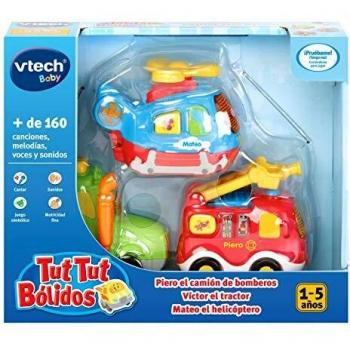 VTech TutTut Bólidos Pack de 3 coches con botón sorpresa, Piero el camión de bomberos, Víctor el tractor y Mateo el helicóptero, multicolor, única