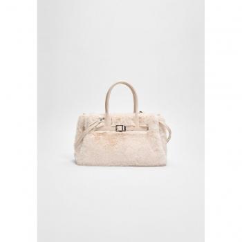 Ecru Faux Fur Buckle City Bag