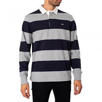 Gant Men's Long Sleeve Striped Rugby Shirt - Reg Shield Barstripe Heavy Rugger in Grey Melange, Size 2XL