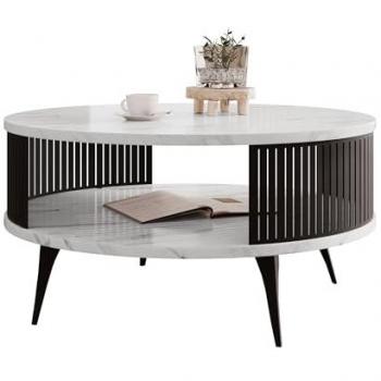 Mesa de Centro Oswego 118 Redonda, Aglomerado Laminado Negro con Mármol Blanco, Diámetro 75cm, Altura 44cm