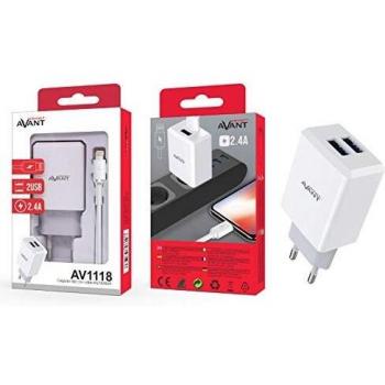 Cargador USB de Red AVANT Connect | 2 Puertos USB | Enchufe + Cable Lightning | Blanco