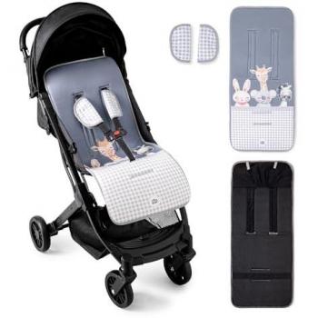 Colchoneta Universal para Silla de Paseo Verano 3D Animales Acuarela Gris - Transpirable y Cómoda, 100% Algodón, 84x34cm, con Protectores para Arnés