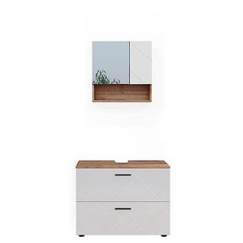 Conjunto de muebles de baño Irma, Blanco brillo intenso y roble dorado, 2 piezas