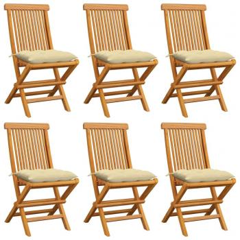 Teak Garden Chairs Set with Cream Cushions - 6 Pieces