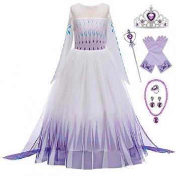 New Front Disfraz de princesa Elsa para niña vestido de princesa de 2 mangas largas, disfraz y accesorios de Navidad Halloween cumpleaños vestido de cosplay corona Morado 6 unidades, 130 cm