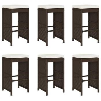 vidaXL Garden Bar Stools with Cushions - 6 pcs, Brown Poly Rattan, Weather-Resistant, 40 x 40 x 76 cm - Outdoor Patio Deck Seating