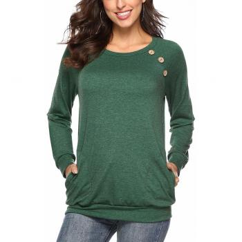 Martiount Camiseta de Manga Larga para Mujer con Bolsillo Botón Design Blusa Camisa Cuello Redondo Basica Camiseta Tops Otoño Casual T-Shirt Green M