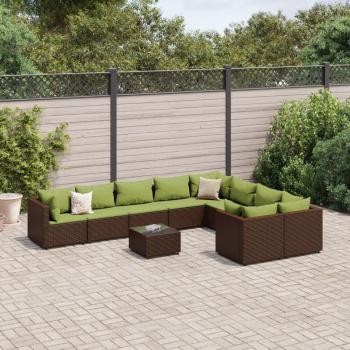 10-Piece Brown Poly Rattan Garden Sofa Set with Cushions