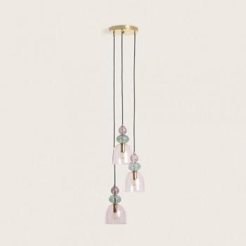 Lámpara Colgante Vintage Rosa de Metal y Cristal Tri Baudelaire - Compatible con Bombillas E14, Ideal para Salón y Dormitorio, Cable Ajustable