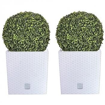 Wellhome Doble Set de Maceta Rato 32 Litros Blanco con Bola de Boj 36cm, incluye 2 macetas de 32 litros cada una, color blanco, dimensiones de la maceta 33 x 33 x