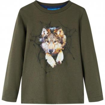 Camiseta para Niños de Manga Larga Estampado de Lobo Caqui Talla 92