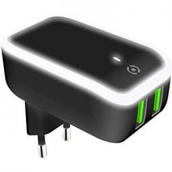 Celly Cargador de Red 2 Puertos USB con Luz Led