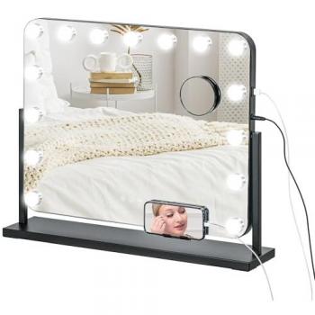 Espejo de Maquillaje HOMCOM con Luz LED, Espejo de Tocador Giratorio 58x46 cm, 14 Bombillas LED, 3 Modos de Iluminación Ajustables, Interruptor Táctil