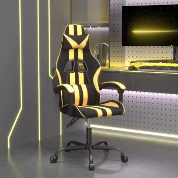Silla gaming giratoria de cuero sintético negro y dorado con diseño ergonómico, reposabrazos ajustables, base de metal resistente, ruedas giratorias para fácil movilidad y acolchado cómodo