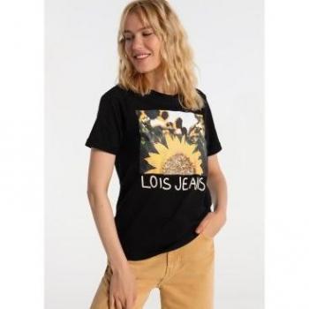 Camiseta de Mujer Lois Jeans con Detalle de Pailletes en Color Negro