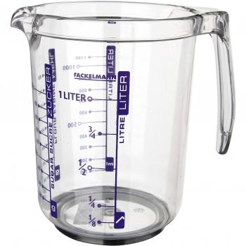 Fackelmann Jarra Medidora de Cocina, 1 litro de capacidad, con escala para medir líquidos, azúcar y harina, Plástico SAN Transparente. Medidas 17,5x12,5x16,5 cm, 1 ud