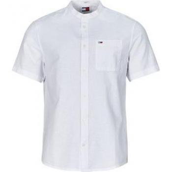 Tommy Jeans Men's Regular Fit Short Sleeve Mao Collar Shirt in White Linen Blend