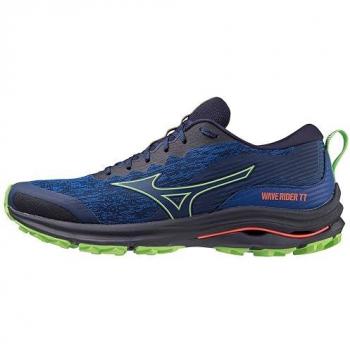 Mizuno Zapatillas de Trail Running Wave Rider TT para Hombre, Color Blue Depths/Techno Green/Neon Flame, Talla 40.5 EU