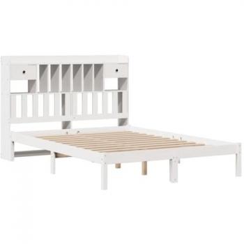 Cama con estantería sin colchón Madera Maciza Blanca 140x190 cm