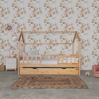 Cama Infantil Casita Montessori con Barandilla y Cama Elevable de Madera de Pino 90x190cm