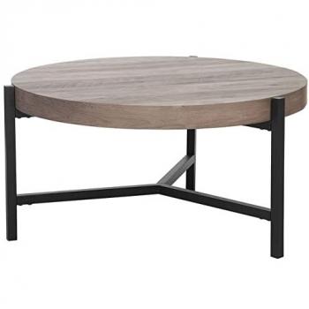 Mesa de Centro Redonda Moderna 70 cm con Tablero de Madera Gris Pardo y Patas de Metal Negro Bonita
