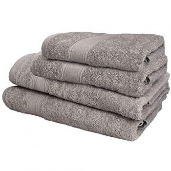 Juego de 4 toallas de baño WELLHOME: 2 toallas de lavabo 50X90 cm, 2 toallas de ducha 70X140 cm, 450 gr/m², 100% algodón, color topo