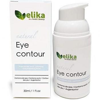 Contorno de Ojos “Carlotta” de Elikafoods®. Ácido hialurónico, cafeína, colágeno y elastina. Tratamiento anti-bolsas y ojeras. Para mujer y hombre, indicada para cualquier tipo de piel, 30ml.