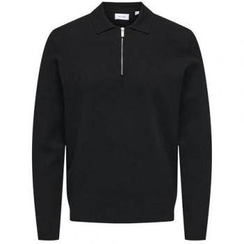 ONLY & SONS Men's Long-Sleeved Half Zip Polo Sweater, Black, Size L