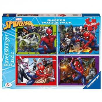 Ravensburger Puzzle 4x100 Piezas Spider-Man Bumper Pack, 4 puzzles de 100 piezas cada uno, tamaño de cada puzzle 36x26 cm, recomendado para niños a partir de 5 años, dimensiones del paquete