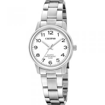Reloj Calypso Basic K5865/1 Blanco Mujer - Acero Inoxidable 316L Plateado, Diámetro de Caja 32mm, Correa Plateada