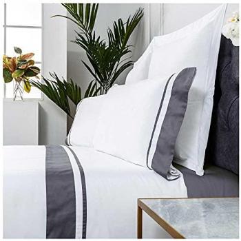 Juego de sábanas de satén 300 hilos algodón egipcio blanco y gris para cama de 180 x 190/200