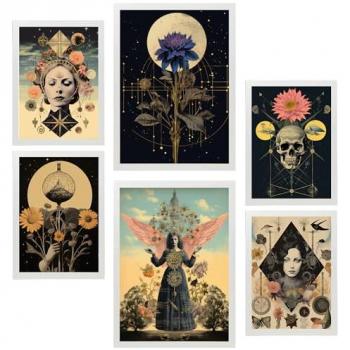Set de 6 Pósters Collage Surrealista Esotérico Floral para Decoración de Paredes (A3 y A4, Sin Marco)
