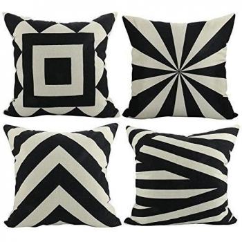Luxbon Conjunto de 4 Fundas de Cojín Almohada Figura Geométrica Negro Rayado Zebra Lino Duradero Decoración para Sofá Cama Coche 18x18 45x45 cm