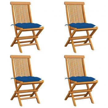 Teak Garden Chairs Set with Blue Cushions - 4 Pieces