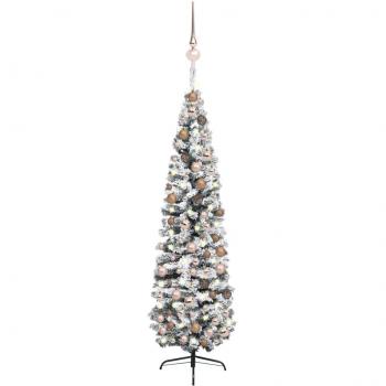 Árbol de Navidad artificial estrecho con LED y bolas verde 240 cm