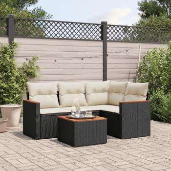 5-Piece Black Poly Rattan Garden Sofa Set with Cushions